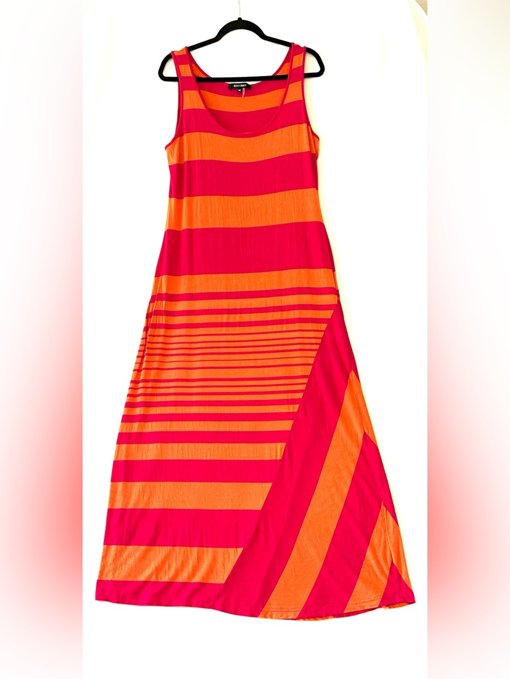 Ellen Tracy Sleeveless Pink/Orange Striped Maxi Dress Sz14 Stretch Comfy